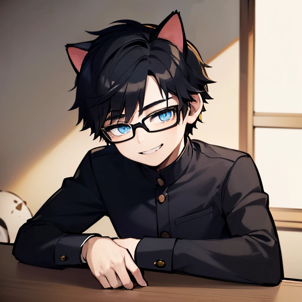 (masterpiece, top quality, best quality, beautiful and aesthetic:1.2), (1boy), (((1 boy, young man, cat boy, cat ears, short black hair, soft boy, neko, portrait shot, grey-ish blue eyes, black glasses, smiling, smiling softly)))