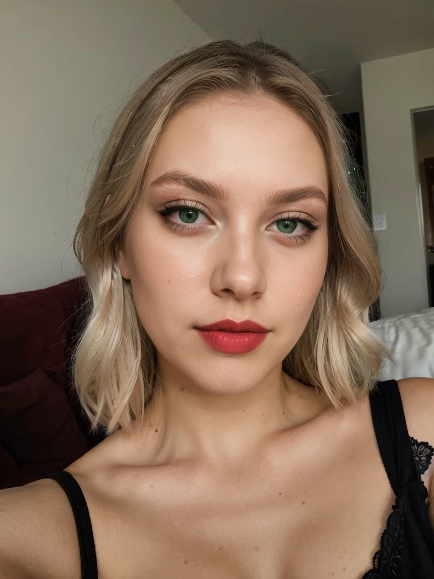 8k, solo, beautiful girl,platinum blonde hair , makeup, blush, lipstick, red lips, portrait, realistic, green eyes, looking at viewer, painting, butterflies, black nightgown , taking selfie , lying on the sofa , taking selfie , looks great , night , taking selfie , platinum blonde hair