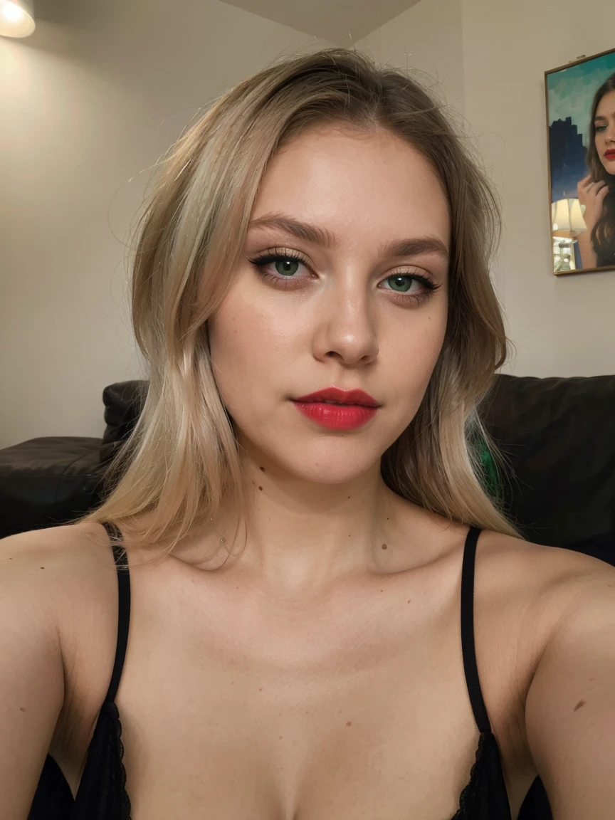 8k, solo, beautiful girl,platinum blonde hair , makeup, blush, lipstick, red lips, portrait, realistic, green eyes, looking at viewer, painting, butterflies, black nightgown , taking selfie , lying on the sofa , taking selfie , looks great , night , taking selfie , platinum blonde hair