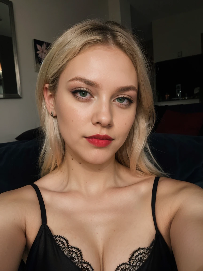 8k, solo, beautiful girl,platinum blonde hair , makeup, blush, lipstick, red lips, portrait, realistic, green eyes, looking at viewer, painting, butterflies, black nightgown , taking selfie , lying on the sofa , taking selfie , looks great , night , taking selfie , platinum blonde hair