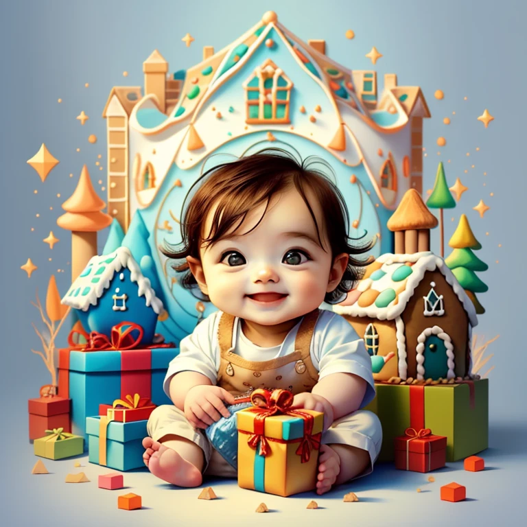 (cute baby boy smiling with presents and a gingerbread house), Munchkin ,Geometric multidimensional wall portrait, livro de arte, Tchibi,
Yang08k, Beautiful, Colouring,
Obras, of the highest quality, best quality, Arte Oficial, Beautiful and Aesthetic,