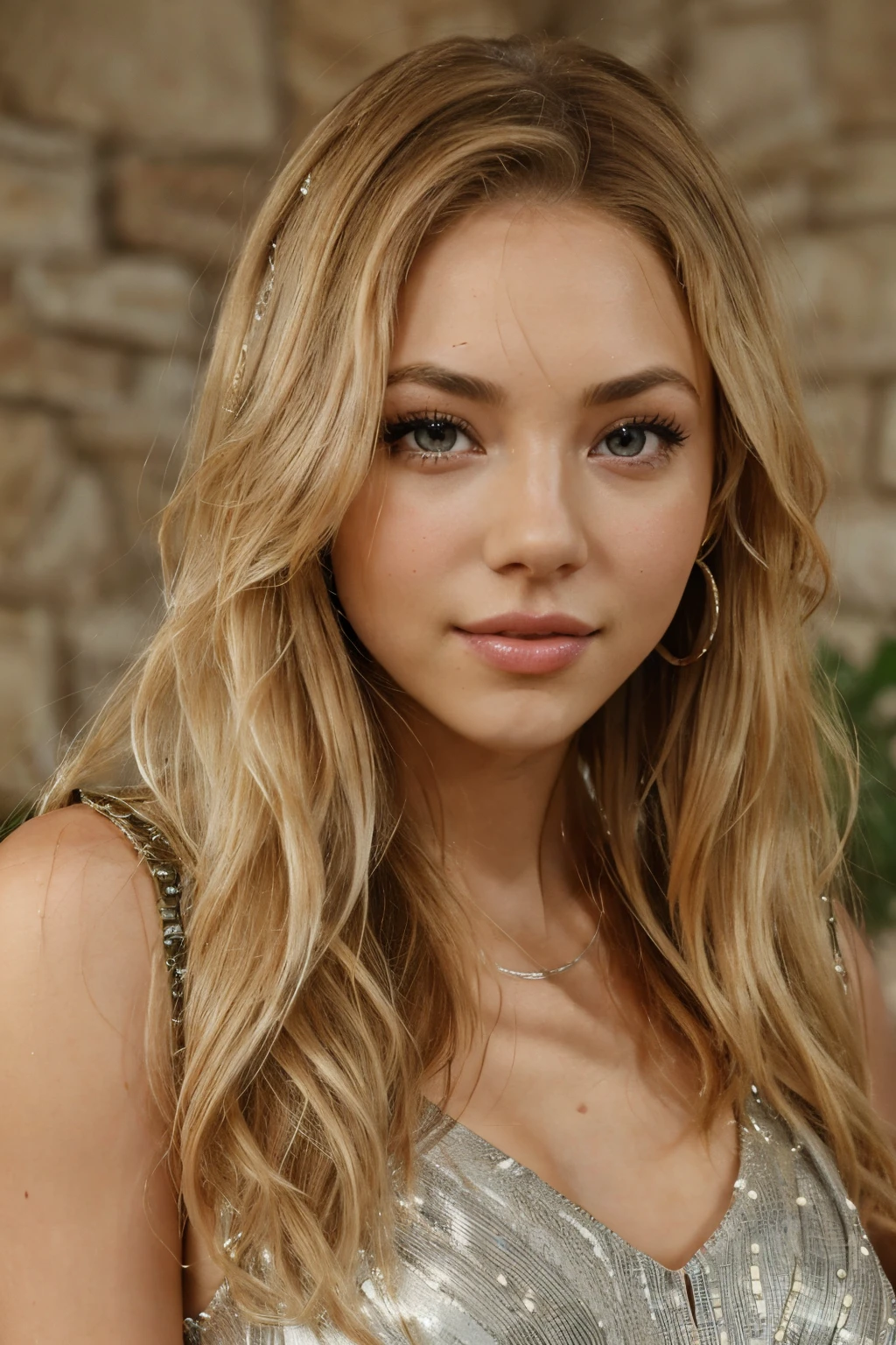 a close up of a woman ( named Brutsi ) in a silver dress posing for a picture, sydney sweeney, blonde hair and large eyes, portrait sophie mudd, annasophia robb as aphrodite, ellie victoria gale, portrait of annasophia robb, beautiful stella maeve magician, annasophia robb, long blonde hair and large eyes, kailee mandel, portrait of vanessa morgan