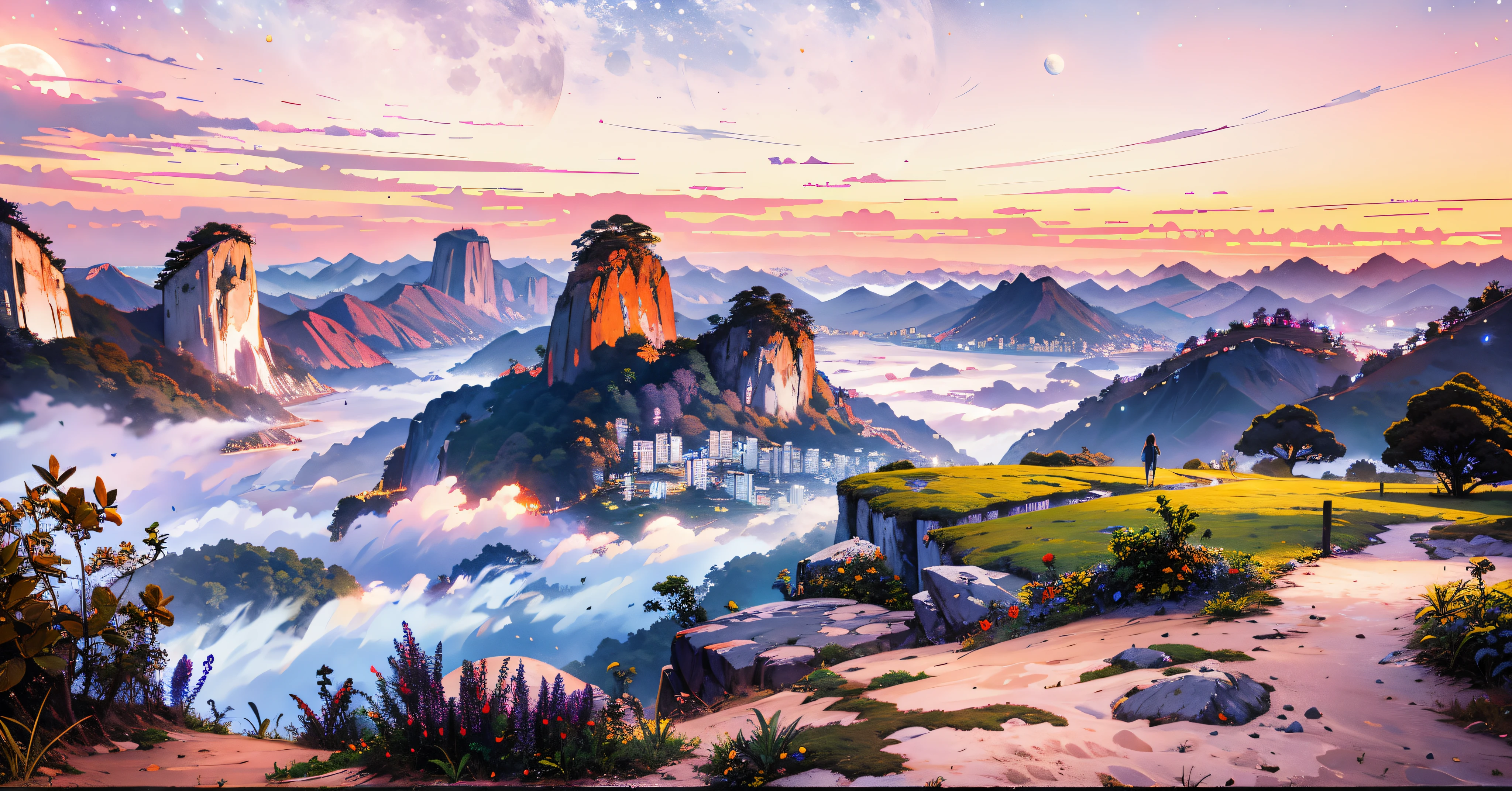 fotografia de paisagem ampla do Rio de Janeiro, Brasil,(a view from below that shows sky above and open field below), (lua cheia:1.2), ( estrelas cadentes:0.9), (nebula:1.3), Neon Sky