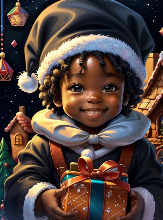 (cute black baby boy smiling with santa hat and presents and a gingerbread house), Munchkin ,Geometric multidimensional wall portrait, livro de arte, Tchibi,
Yang08k, Beautiful, Colouring,
Obras, of the highest quality, best quality, Arte Oficial, Beautiful and Aesthetic,