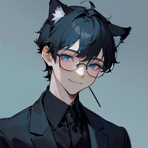 (masterpiece, top quality, best quality, beautiful and aesthetic:1.2), (1boy), (((1 boy, young man, cat boy, cat ears, short black hair, soft boy, neko, portrait shot, grey-ish blue eyes, black glasses, smiling softly, black suit)))