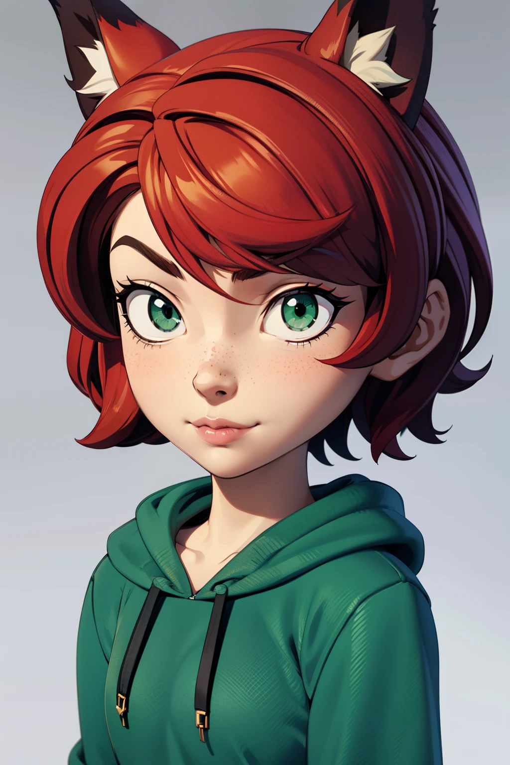 1girl, full body, teenager, solo, (short pixie cut Hair, undercut red hair: 1.28), ((light gray eyes)), some small freckles, (dark fox ears: 1.35), pale skin, large breasts, (thin hips, thin waist , athletic body: 1.25), simple background, looking away, (wearing a big oversized green hoodie: 1.5), kneeling on a bed, in a bedroom, masterpiece, best quality,3d rending work ,3DMM style, close-up, portrait, 3D,