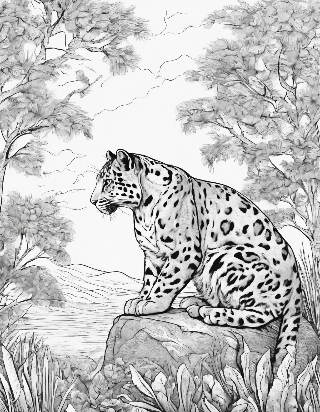 b/w,no greyscale,best quality,ultra-detailed,realistic,Clouded Leopard wild cat for coloring book,white background,sharp focus,physically-based rendering,professional,vivid colors,portraits,cat,beautiful detailed eyes,beautiful detailed lips,African savanna elements,colorful flowers,lush grass,blue sky,tall acacia trees,sunlight shining,peaceful atmosphere,furry mane,strong and majestic demeanor