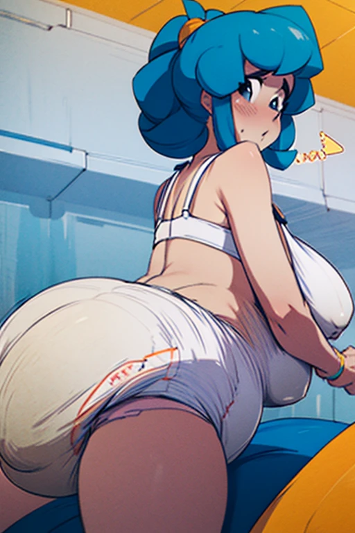 Anime woman enormous bloated pregnant belly, huge breast, huge butt, white bra, pov below