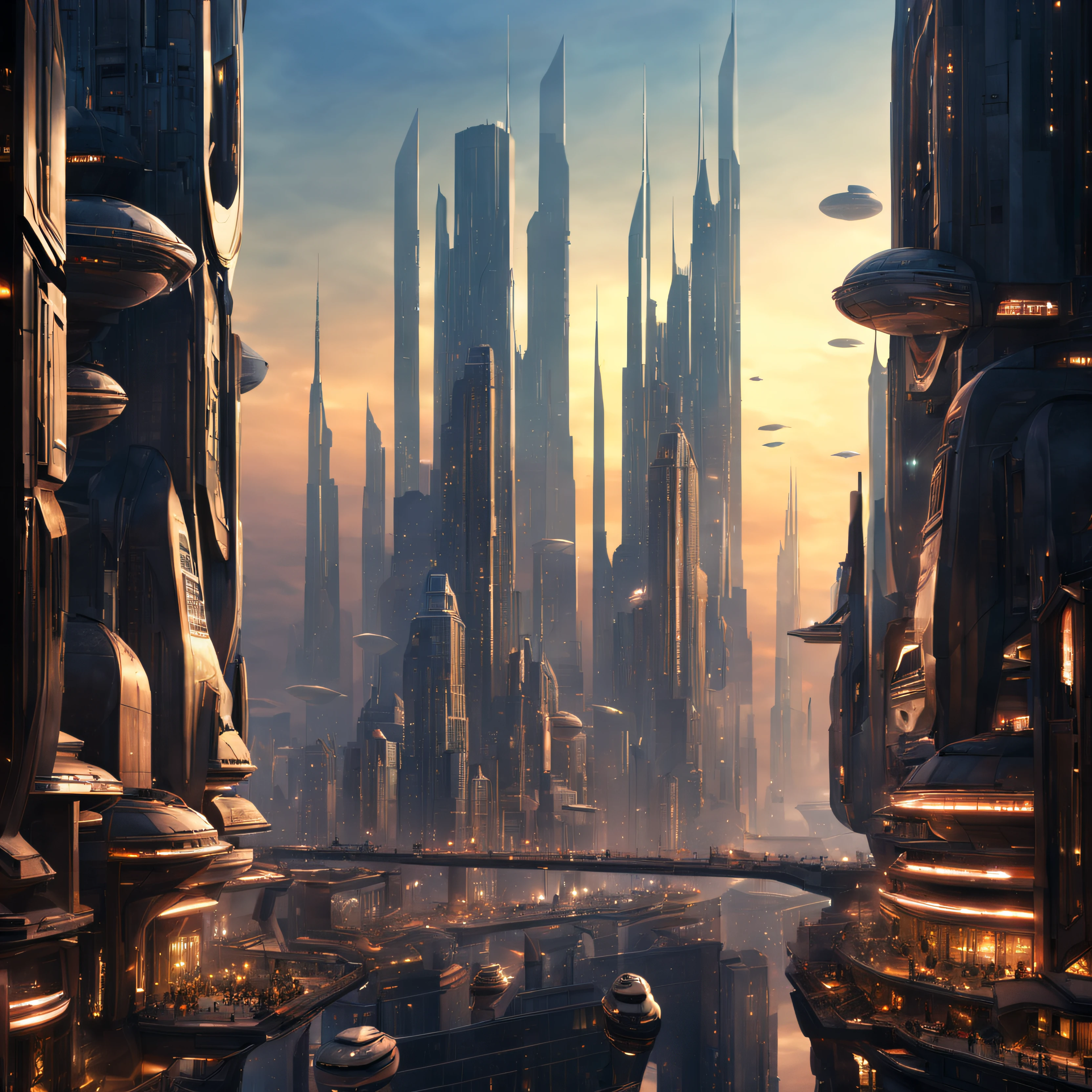 (The city of Coruscant from Star Wars as designed by Doug Chiang), futuristic fantasy city with immense buildings of technological design (que forman una avenida infinita), edificios compactor no difuminados con aspecto metalico, luces en ventanas en edificios, iluminacion diurna con sol, con estructuras acristaladas espectaculares, (con colores vivos). pavimento ensolado (sin brillo). gente paseando. imagen bien definida con muchos edificios juntos. imagen nitida bien definida 8k. los edificios llegan alta el fondo.,8k. imagen cinematografica