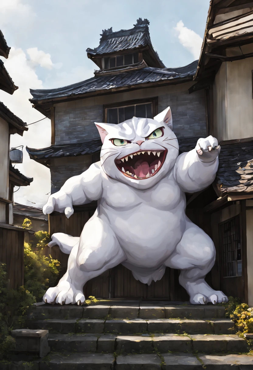 anime, cartoon, huge cat monster, angry, scary, destroying houses, white maneki neko, (godzilla-like:1.2), smooth