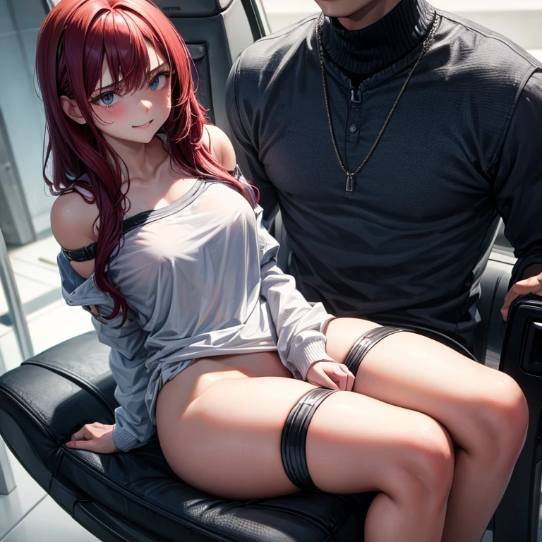 girl, naked, tied up, sitting on male’s lap