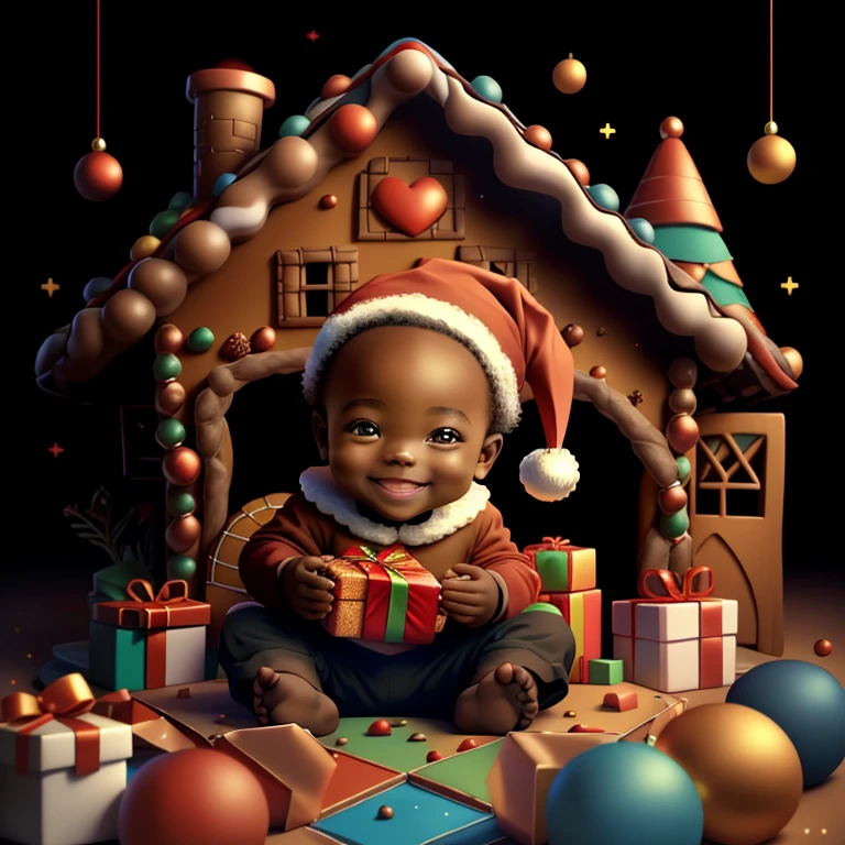 (cute black baby boy smiling with red santa hat and presents and a gingerbread house), Munchkin ,Geometric multidimensional wall portrait, livro de arte, Tchibi,
Yang08k, Beautiful, Colouring,
Obras, of the highest quality, best quality, Arte Oficial, Beautiful and Aesthetic,