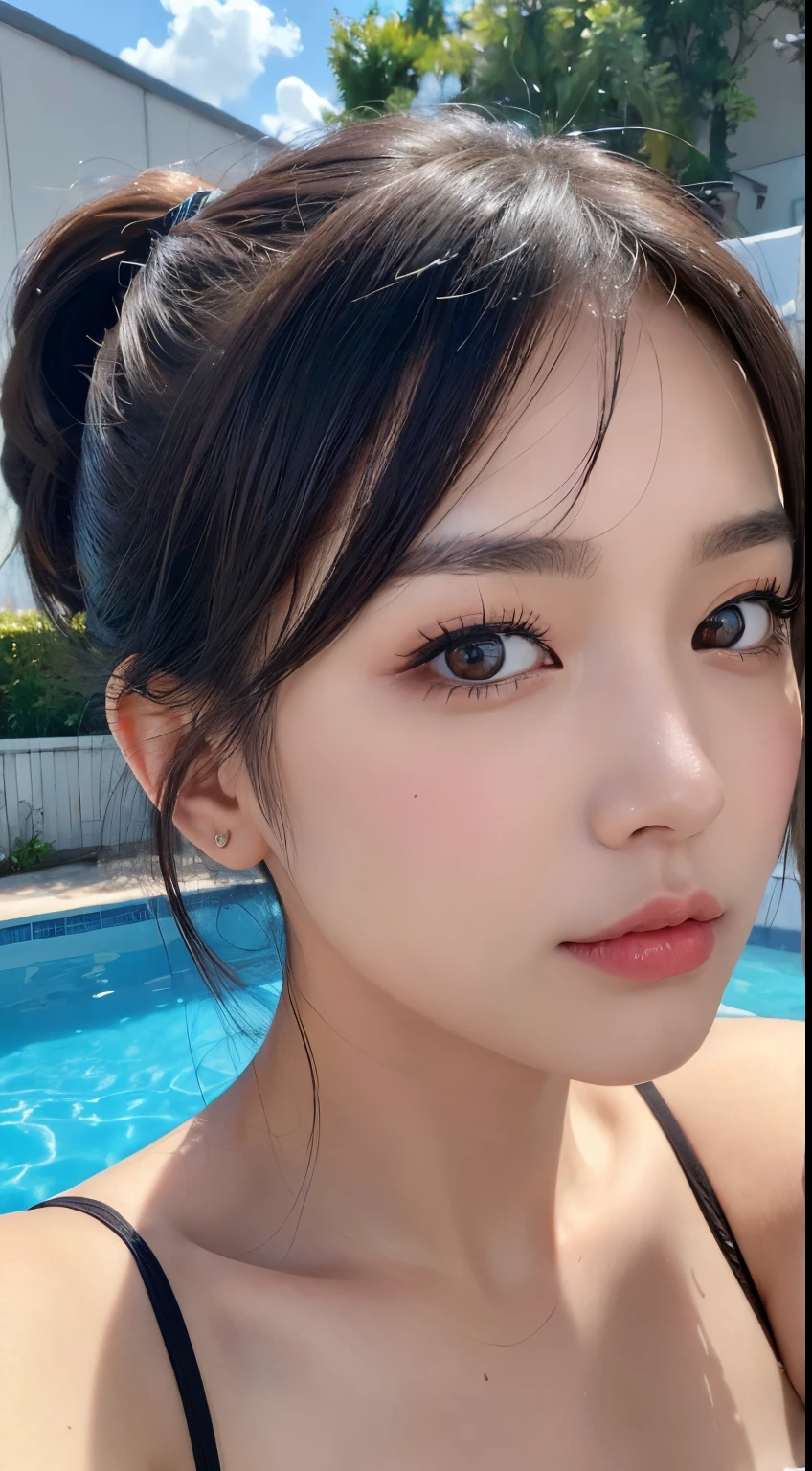 ((Best quality, 8k, Masterpiece :1.3)), 1girl, Pretty woman with emphasizing:1.3, (black hair, Ponytail, large breasts :1.2, Pool, Ultra-detailed face, Detailed eyes, Double eyelid