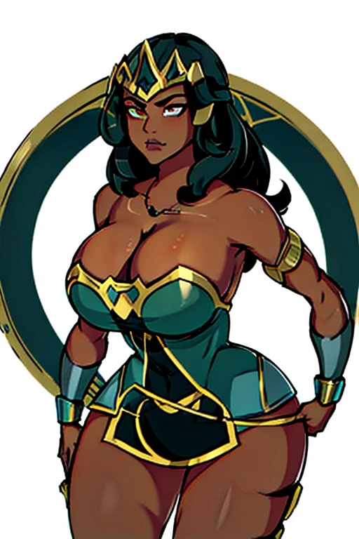(masterpiece, top quality, best quality, official art, beautiful and aesthetic:1.2), (1girl:1.3), (masterpiece),( best quality), 1girl, long black hair, (tanned bronze skin: 1.3), bright hazel eyes, hyper-detailed, perfect body, detailed eyes, beautiful girl, superhero, leotard, war_glam armor, extremely detailed, portrait, looking at viewer, solo, (full body:0.6), detailed background, close up, spear and shield, bracers, gauntlets, helmet, facemask, long boots, buckles, straps, ((((gigantic breasts, cleavage, skindentation)))), slim waist, slim hips, long legs, dark mysterious lighting, shadows, magical atmosphere, dutch angle,