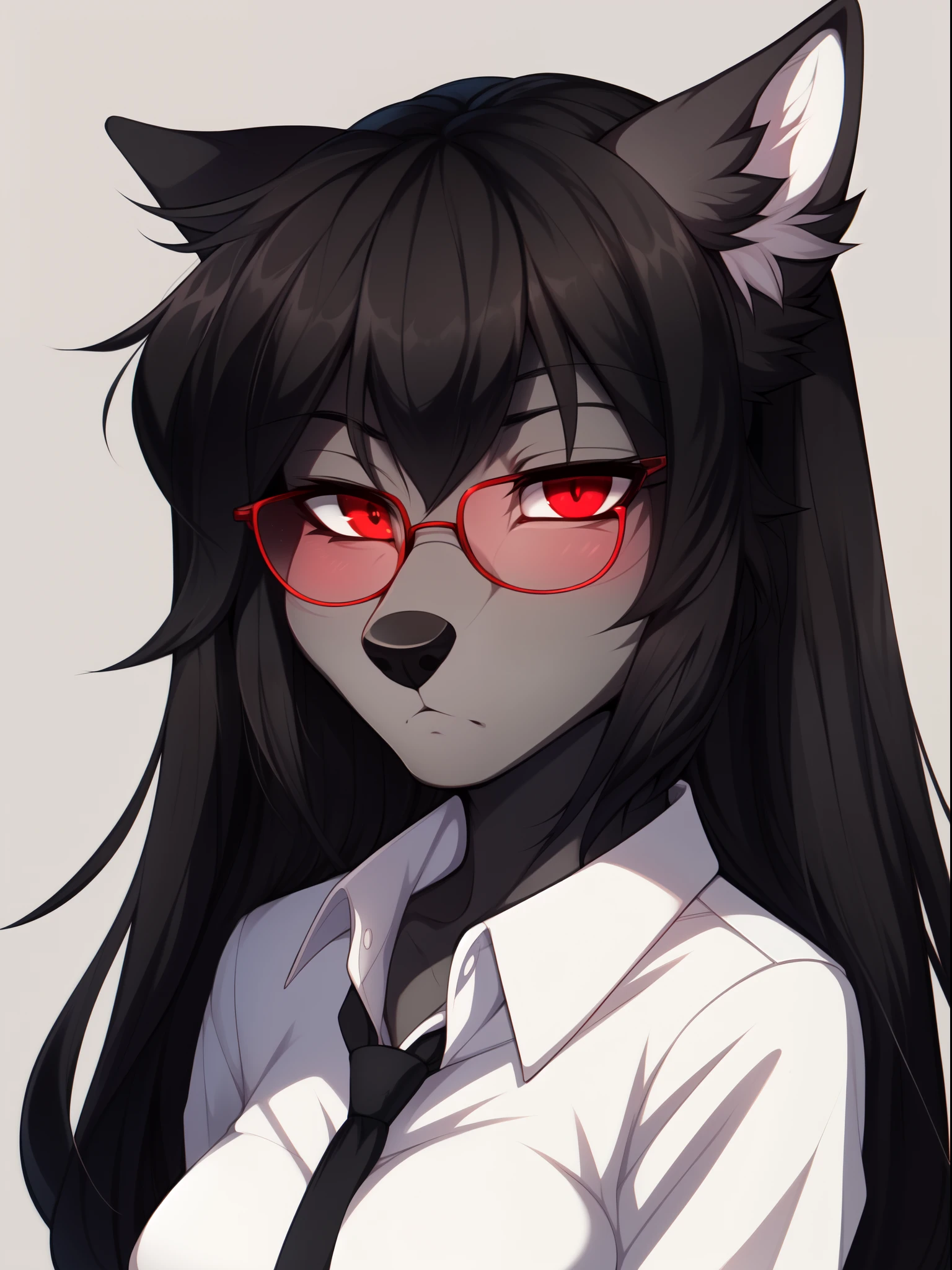 Solo, dark grey wolf, furry, red eyes, black ears, ear fluff, snout, black nose, long black hair, straight bangs, tall, slender, medium breasts, furry body, wearing white collared shirt, by fumiko, by hyattlen, by hioshiru, close up, portrait, detailed eyes, front view, serious expression, elegant glasses