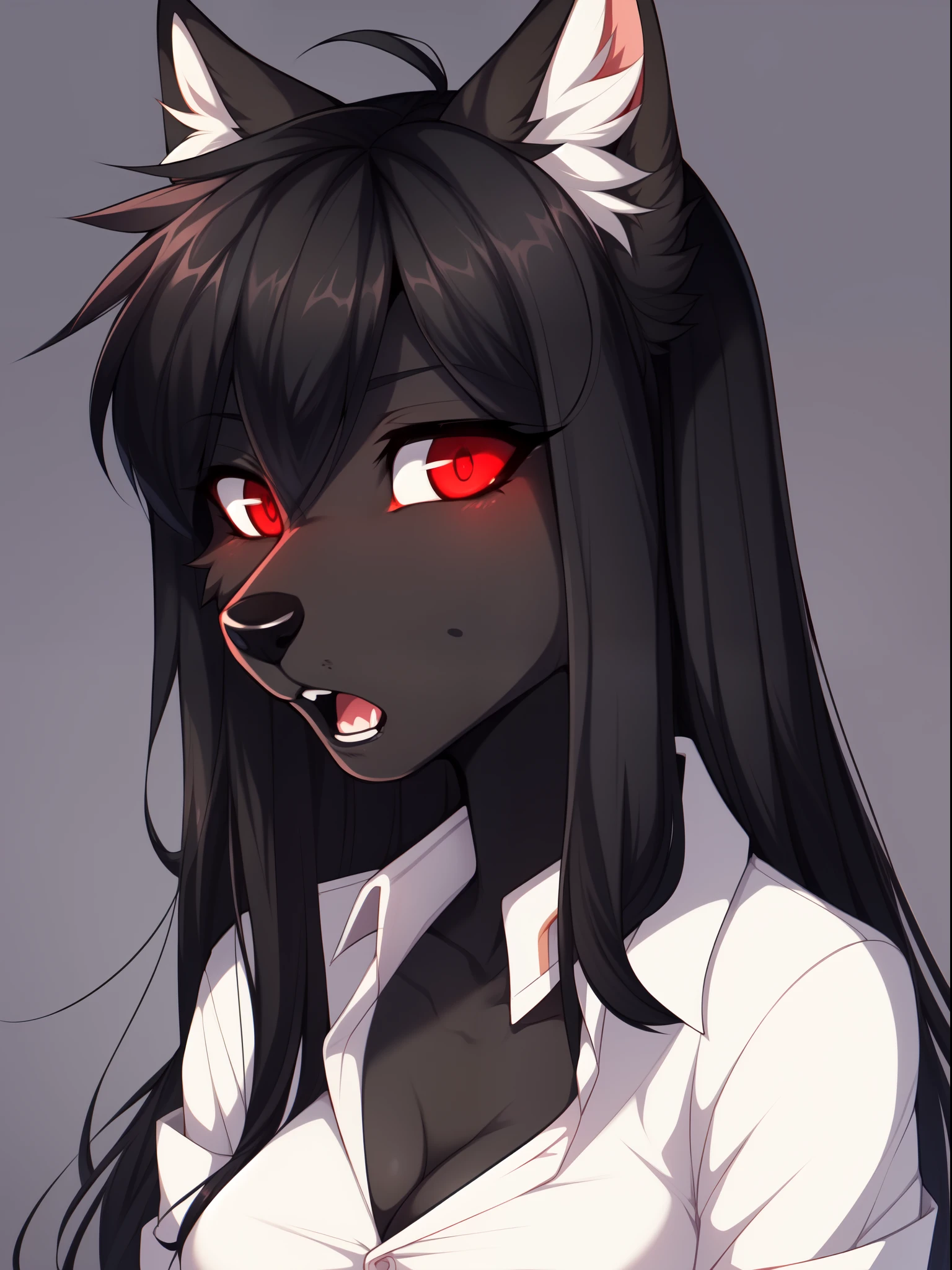 Solo, dark grey wolf, furry, red eyes, black ears,  ear fluff, snout, black nose, long black hair, straight bangs, tall, slender, medium breasts, furry body, wearing white collared shirt, by fumiko, by hyattlen, by hioshiru, close up, portrait, detailed eyes, small pupils, mouth open, shocked expression