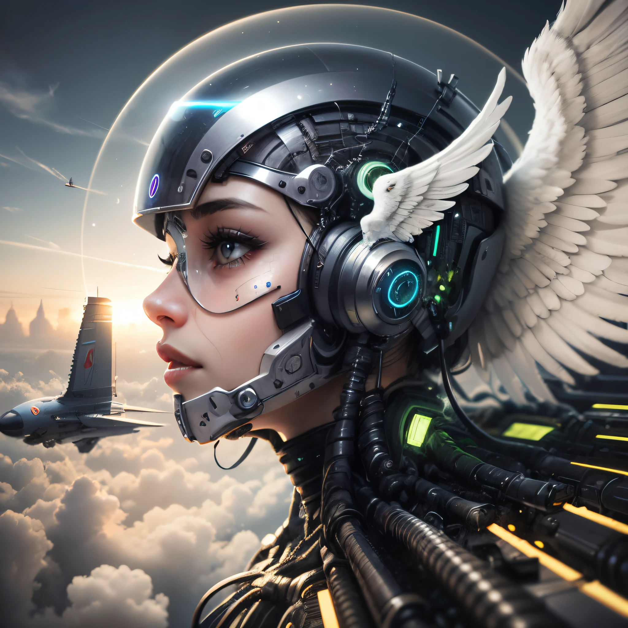 image of an angelic face on a flying cybernetic body 32k - realistic --auto --s2