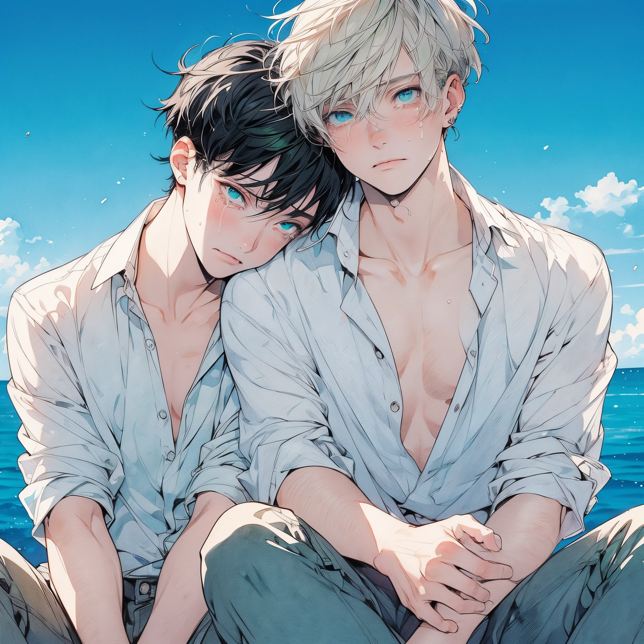 Two young men sitting on the beach with their arms around each other ...