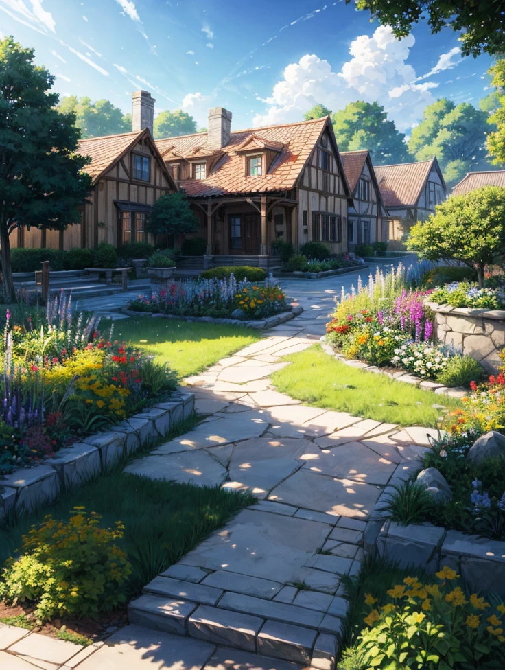 anime scenery of a house with a garden and a pathway, beautiful anime scene, anime background art, beautiful anime scenery, anime beautiful peace scene, anime scenery, anime background, anime nature wallpap, cottagecore!!, anime countryside landscape, anime nature, studio glibly makoto shinkai, realistic garden, beautiful detailed scene, style of makoto shinkai