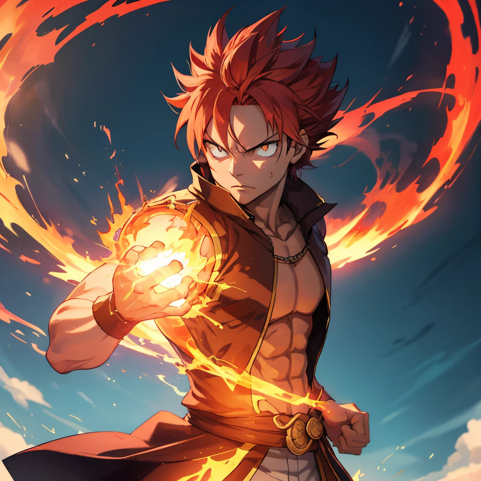 melhor qualidade,ultra-detalhado,retrato,Pintura,magia do fogo,red hair,dramatic lighting,Chamas,fierce expression,fumar quente,estilo anime,vivid colors,fundo ardente,terra arrasada,cabelo espetado,Dragon Slayer,echarpe,atitude selvagem,bola de fogo,forza,confidence,olhos de fogo,aura intensa,Foto ampliada,action pose,muscular physique,Mundo de fantasia,punhos flamejantes,fighting spirit,unlimited power increase,majestoso,chamas rugindo,batalha ardente,Energetic,apaixonado,aventureiro,heroic,ambicioso,Unwavering determination,Unstoppable,calor imenso,inferno furioso,noble purpose