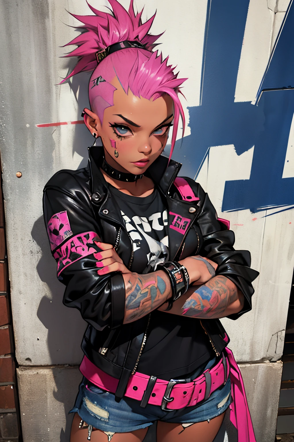 1 girl, pink mohawk, she is Punk Mambo.  A mic of London Punk and Voodoo, torn  torn jeans, Doc Martens sprayed with voodoo symbols.