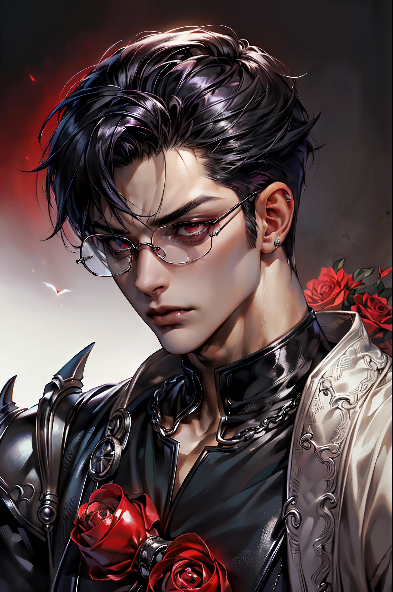 (absurdres, masterpiece, best quality), ((1man)), vampire, adult, masculine, masculine face, attractive, piercing gaze, muscular, (shiny skin, shiny body, shiny oily luster skin, shiny hair), perfect detailed face, the hands are not in the frame, wearing round glasses with red lenses, (close up shot)