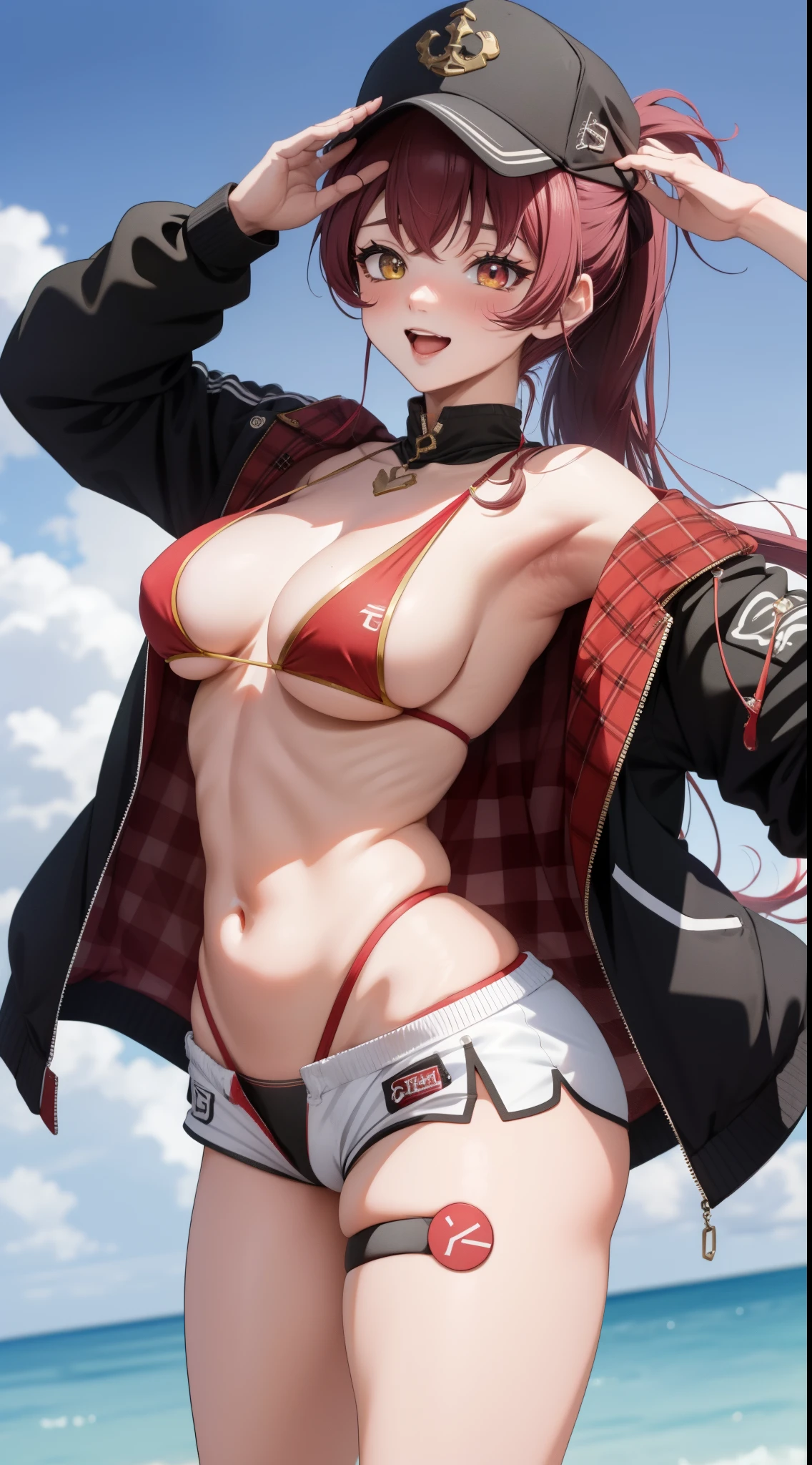 houshouBikini, heterochromia, red eyes, yellow eyes, ponytail, long hair, jewelry, baseball cap, sunglasses, eyewear on headwear, black jacket, open jacket, white shorts, short shorts, red bikini, string bikini, o-ring thigh strap, sorriso sexy, peitos medios, apalpando os peitos, sorriso sexy, (alta qualidade, 8k, obra prima, qualidade ultra, extremamente detalhado, bem colorido, no blurries, foco absoluto, Impeccable quality),
