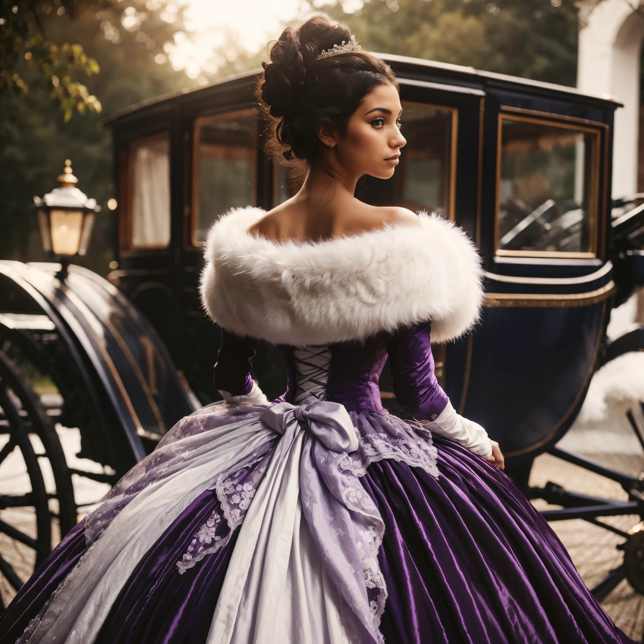 User
Photo of a beautiful mixed-race woman in a royal purple Regency ballgown. She has a white fur stole wrapped around her shoulders. She is outdoors, in the evening, about to climb into a waiting carriage. Photorealistic.