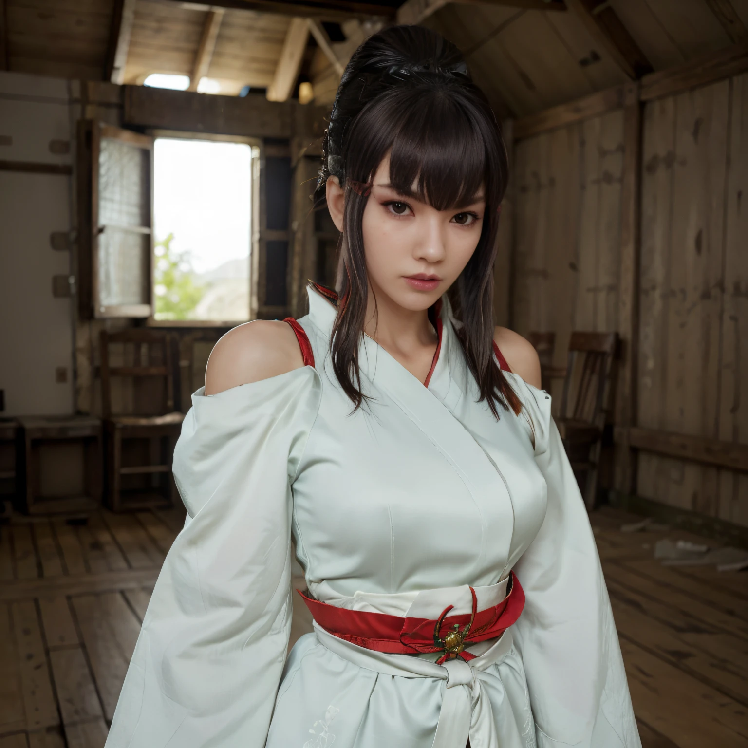 (masterpiece:1.1, Best Quality:1.1, 32K HDR, High resolution), Solo, 1girl in, Kazumi Mishima, tekken, Black hair, Long hair, White kimono, red bandolier on shoulder, ((Angry)), Full body shot, Perfect slim body:1.1), medium-breasted, In an abandoned hut, Detailed eyes, Detailed skin texture, Detailed face,