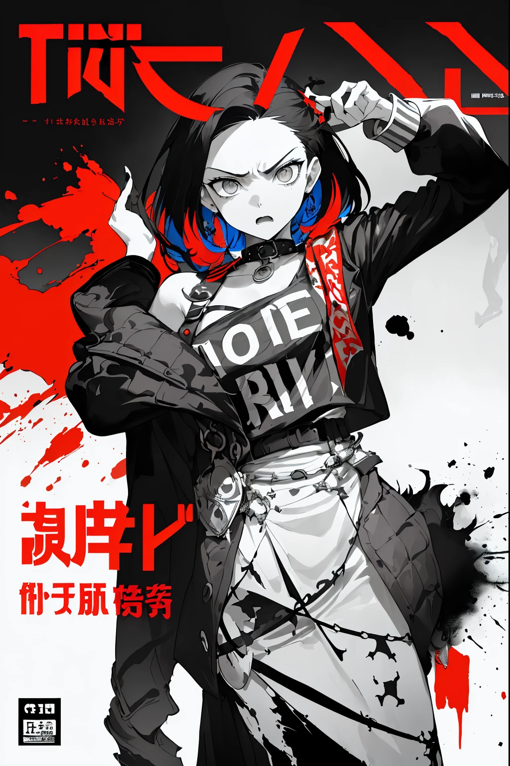 ((((dramatic))), (((gritty))), (((intense))) film poster featuring a young woman as the central character. She stands confidently in the center of the poster, wearing a stylish and edgy outfit, with a determined expression on her face. The background is dark and gritty, with a sense of danger and intensity. The text is bold and attention-grabbing, with a catchy tagline that adds to the overall feeling of drama and excitement. The color palette is mainly dark with splashes of vibrant colors, giving the poster a dynamic and visually striking appearance,tachi-e (magazine:1.3), (cover-style:1.3), fashionable, woman, vibrant, outfit, posing, front, colorful, dynamic, background, elements, confident, expression, holding, statement, accessory, majestic, coiled, around, touch, scene, text, cover, bold, attention-grabbing, title, stylish, font, catchy, headline, larger, striking, modern, trendy, focus, fashion,