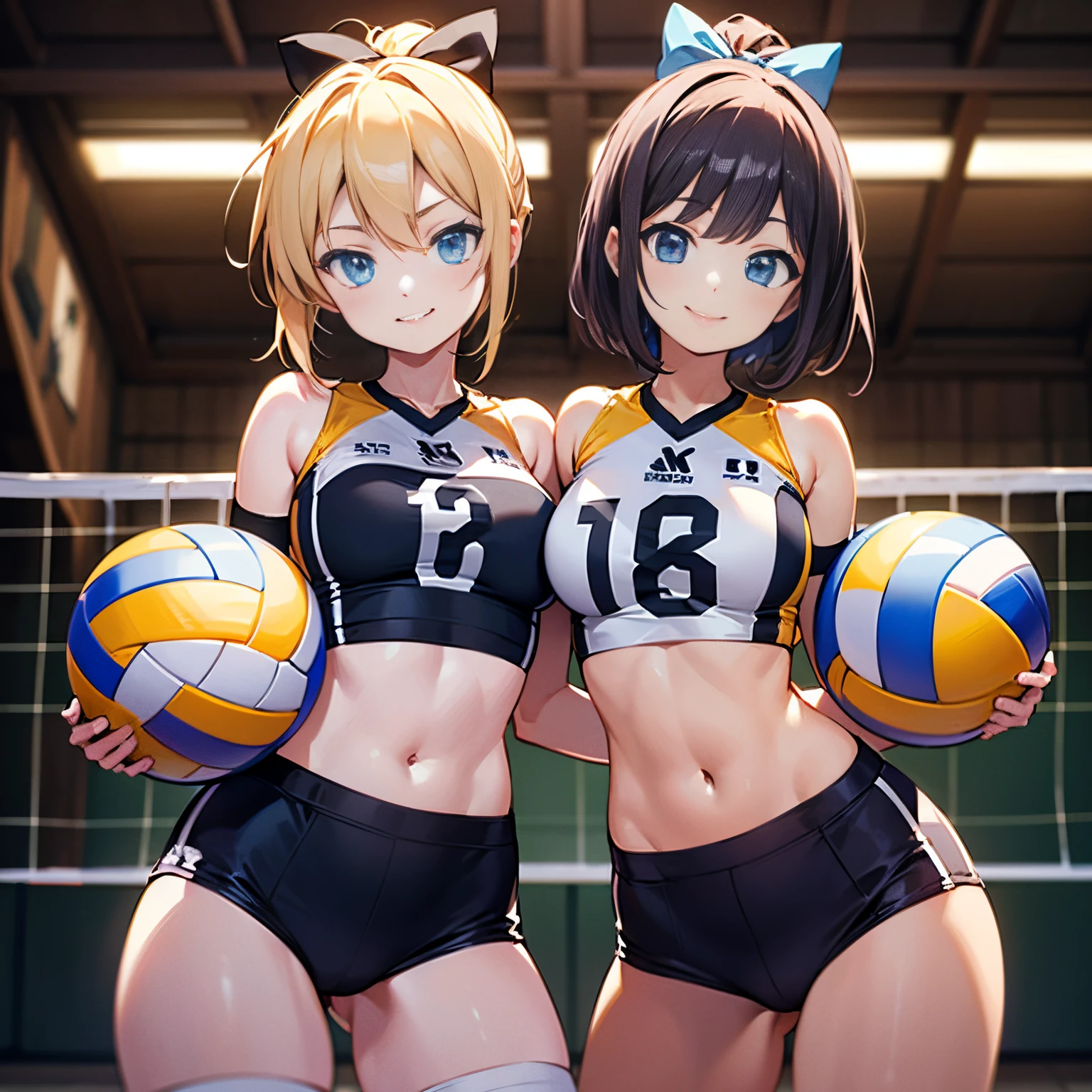 unity 8k wallpaper, anatomically correct, (((masterpiece))), (((best quality))), (((ultra detailed))), (((high-resolution))), ((super fine illustration)), ((Ultimate cutie)), detailed beautiful face, shiny hair, 18 years old, ((potbelly)), (curvy), medium breasts, ((Thick thighs)), sleeveless volleyball uniform, ((buruma)), ((knee pad)), (elbow pad), ((hold volleyball)), ((hold a 6-inch volleyball)), cowboy shot, in volleyball court, in school gymnasium, 
BREAK, 2girls_A_and_B, A girl_have_{{blond ponytail}}_{hair bow}_{{happy}}_{smile}, 
BREAK, B girl_have_{black short hair}_ {hair bow}_{{{smirk}}}