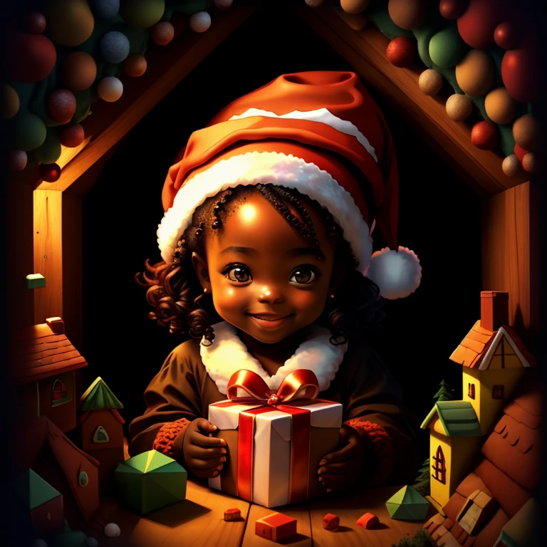 (cute black  girl smiling with red santa hat and presents and a gingerbread house), Munchkin ,Geometric multidimensional wall portrait, livro de arte, Tchibi,
Yang08k, Beautiful, Colouring,
Obras, of the highest quality, best quality, Arte Oficial, Beautiful and Aesthetic,