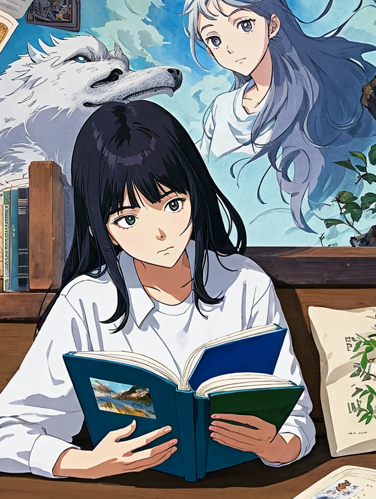 A girl with,close-up, clothed in white shirt, reading a book, (Best Quality:1.3), (high resolucion:1), (detailed:1.3), (astonishing:1.3), (perfect:1.3), (perfection:1.3), (Volume Cover Art:0), (Illustration:1.3), Works by Studio Ghibli