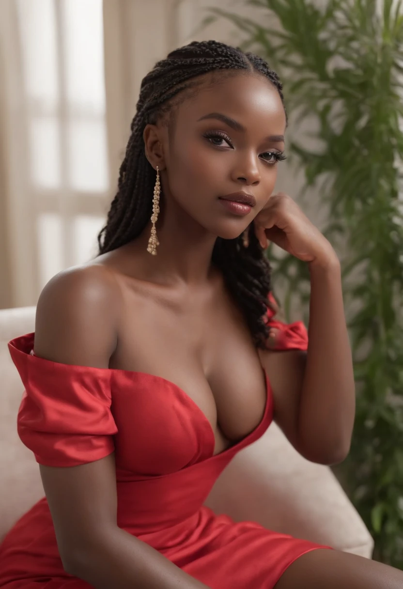 ((Very Dark African skin, Very deep ebony skin)), ((Its beauty is undeniable)), ((Excited cute face)), ((Hyper detailed perfect eyes,)), ((attitude sexy)), ((Langue sortie)), ((Seductive )), sexy, (( Long Red Dress *un peu de sein visible*), shorts courts sexy)), ((Braided African hair,)), (( peau)), ((debout, vue de dos)), ((toucher ses propres jambes dans une pose sexy)), ((inside, on the couch)), Sharp Focus CGI, photoreallistic, High detail, Realstic, Masterpiece, absurdes, Best quality, Hdr, High quality, high-definition, Extremely detailed, 8k wallpaper, Intricate details, 8K UHD, Full-HD, (photo realist:1.2), contraste, intense illumination, lighting cinematic, natural lighting, hard light, contre-jour, Illumination globale, occlusion ambiante