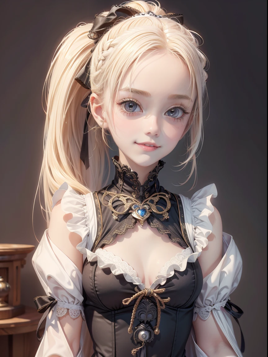 1 girl in、tiny chest、Blonde ponytail、Upper body view、Outrageous resolution、hight resolution、(​masterpiece:1.4)、ultra-detailliert、Crisp details、Dramatic and photorealistic pictorial art、girl in sexy lolita costume、A smile full of cuteness、Gray wallpaper background、