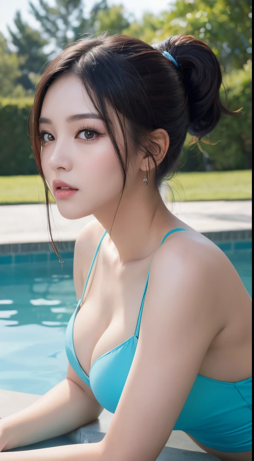 ((Best quality, 8k, Masterpiece :1.3)), 1girl, Pretty woman with emphasizing:1.3, (black hair, Ponytail, large breasts :1.2, Pool, Ultra-detailed face, Detailed eyes, Double eyelid