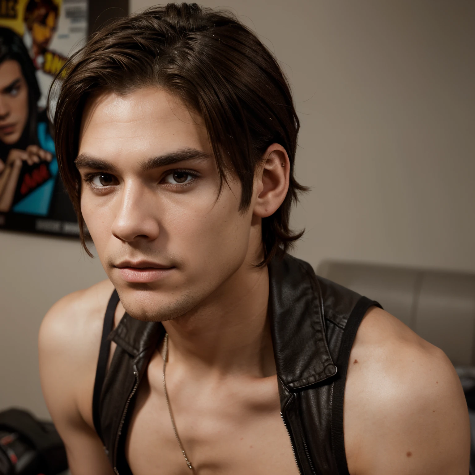 Create a brown eye brown hair boy that the hair is straight and spiked up a bit and he has a nice jawline make this in a marvel comic book style