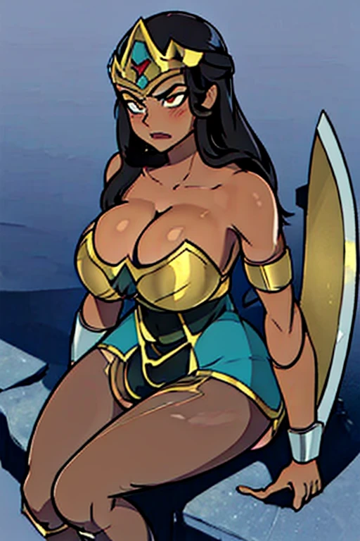 (masterpiece, top quality, best quality, official art, beautiful and aesthetic:1.2), (1girl:1.3), (masterpiece),( best quality), 1girl, long black hair, (tanned bronze skin: 1.3), bright hazel eyes, hyper-detailed, perfect body, detailed eyes, beautiful girl, superhero, leotard, war_glam armor, extremely detailed, portrait, looking at viewer, solo, (full body:0.6), detailed background, close up, spear and shield, bracers, armor, gauntlets, helmet, facemask, long boots, buckles, straps, ((((big breasts, cleavage, skindentation)))), slim waist, slim hips, long legs, dark mysterious lighting, shadows, magical atmosphere, dutch angle,