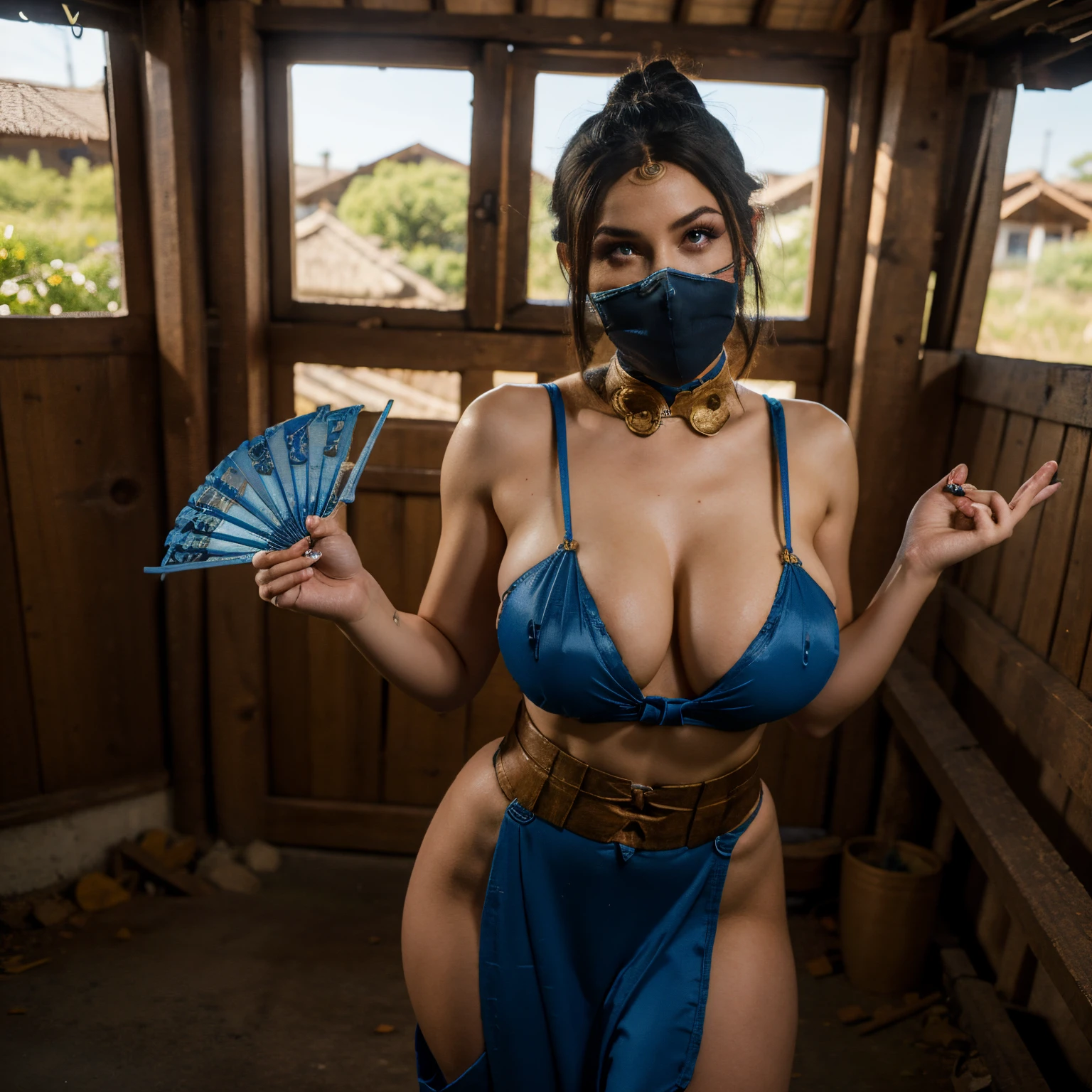 (masterpiece:1.1, Best Quality:1.1, 32K HDR, High resolution), Solo, 1girl in, (realistic portrait of Kitana, Mortal Combat), Black hair, blue Chinese dress, blue mask, blue hand fan, show me her shaved armpits, (((Ahegao))), Full body shot, Perfect slim body:1.1), huge-breasted, Huge boobs, Colossal tits, gigantic cleavage breasts, In an abandoned hut, Detailed eyes, Detailed skin texture, Detailed face,
