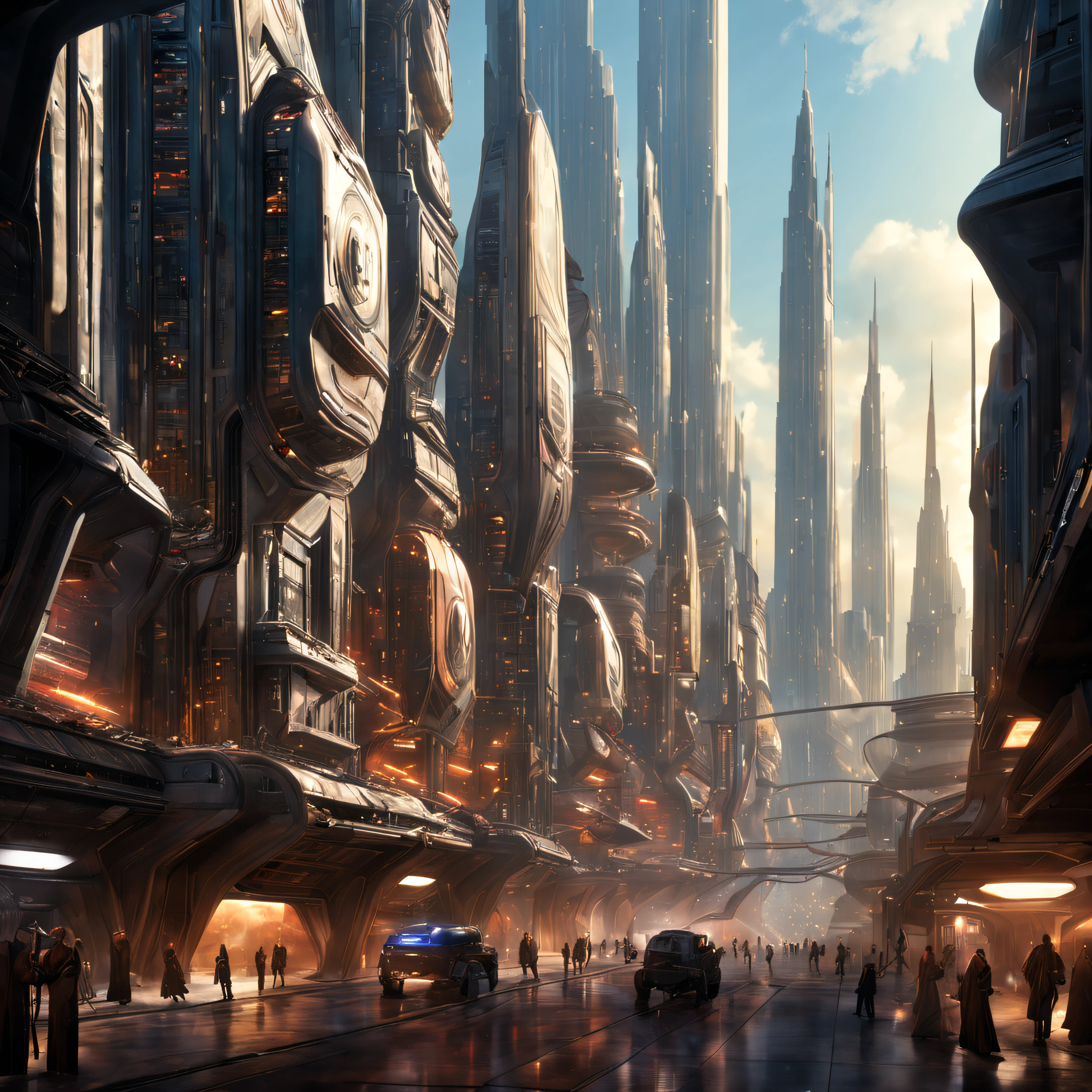 (The city of Coruscant from Star Wars as designed by Doug Chiang), futuristic fantasy city with immense buildings of technological design (que forman una avenida infinita), edificios compactor no difuminados con aspecto metalico, luces en ventanas en edificios, iluminacion diurna con sol, con estructuras acristaladas espectaculares, (con colores vivos). pavimento ensolado (sin brillo). gente paseando. imagen bien definida con muchos edificios juntos. imagen nitida bien definida 8k. los edificios llegan alta el fondo.,8k. imagen cinematografica