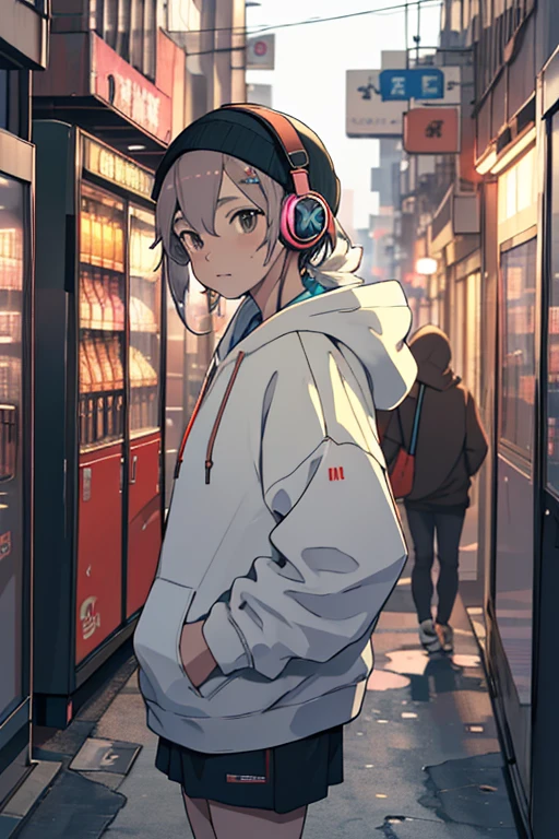 Shibuya, back alley, vending machine in background, hoodie on head, from above, (8k, RAW photo, best quality, masterpiece:1.2), girl in 20s with headphones around neck