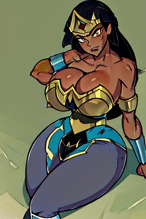 (masterpiece, top quality, best quality, official art, beautiful and aesthetic:1.2), (1girl:1.3), (masterpiece),( best quality), 1girl, long black hair, (tanned bronze skin: 1.3), bright hazel eyes, hyper-detailed, perfect body, detailed eyes, beautiful girl, superhero, leotard, war_glam armor, extremely detailed, portrait, looking at viewer, solo, (full body:0.6), detailed background, close up, spear and shield, bracers, armor, gauntlets, helmet, facemask, long boots, buckles, straps, ((((gigantic breasts, cleavage, skindentation)))), slim waist, slim hips, long legs, dark mysterious lighting, shadows, magical atmosphere, dutch angle,