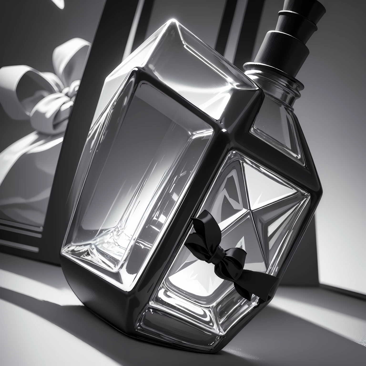​masterpiece、top-quality、ultra-detailliert、glass triangular cube bottle、Christmas carol、drop light、black and white, transperent