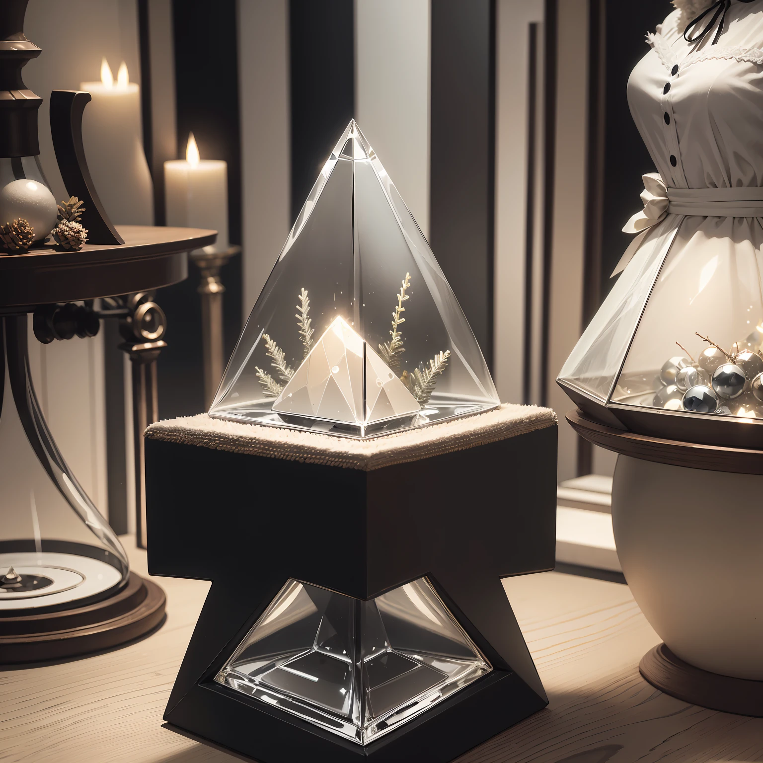 masterpiece、top-quality、ultra-detailliert、glass triangular cube bottle、Christmas carol、drop light、black and white, transperent