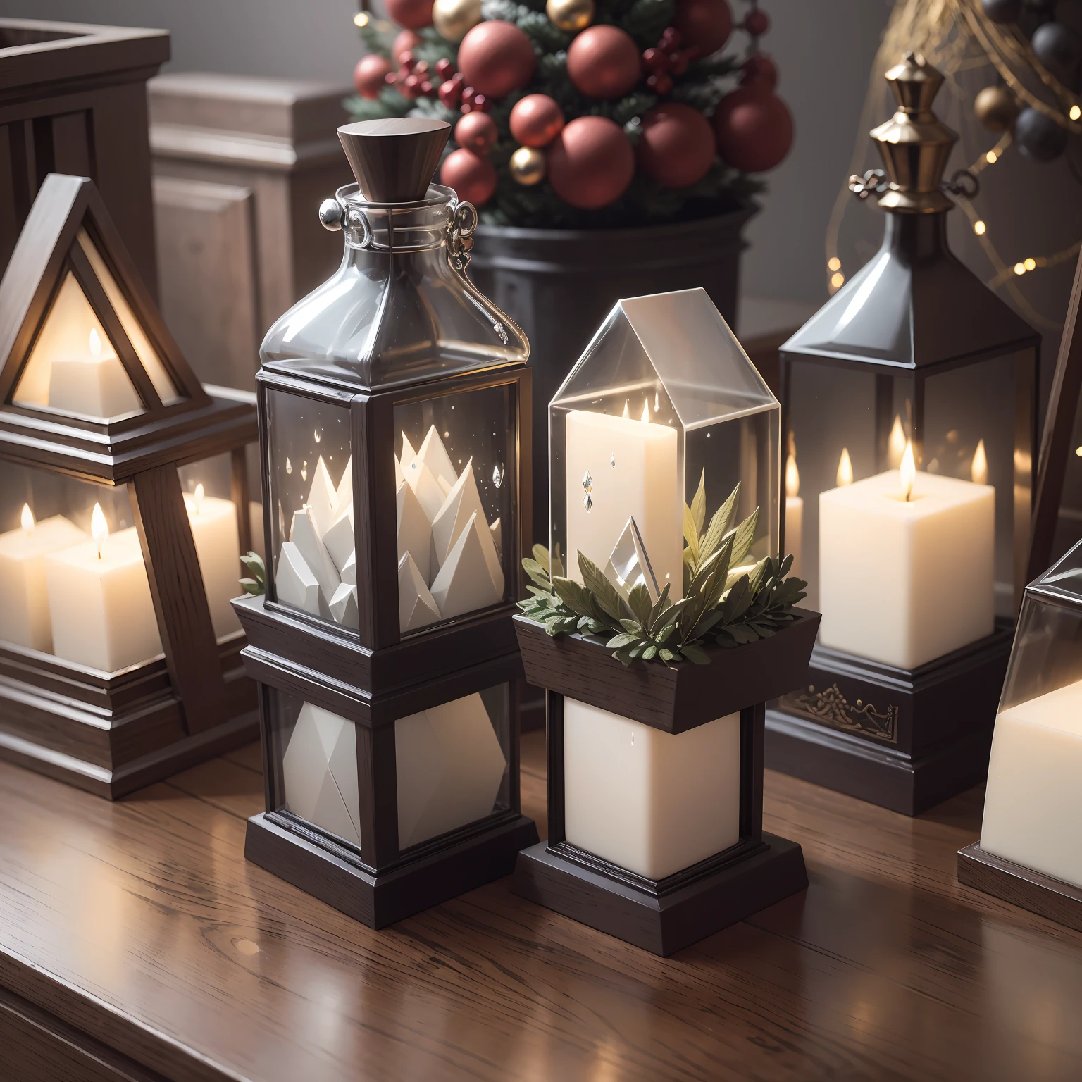 A close up of a table with candles and a christmas tree - SeaArt AI