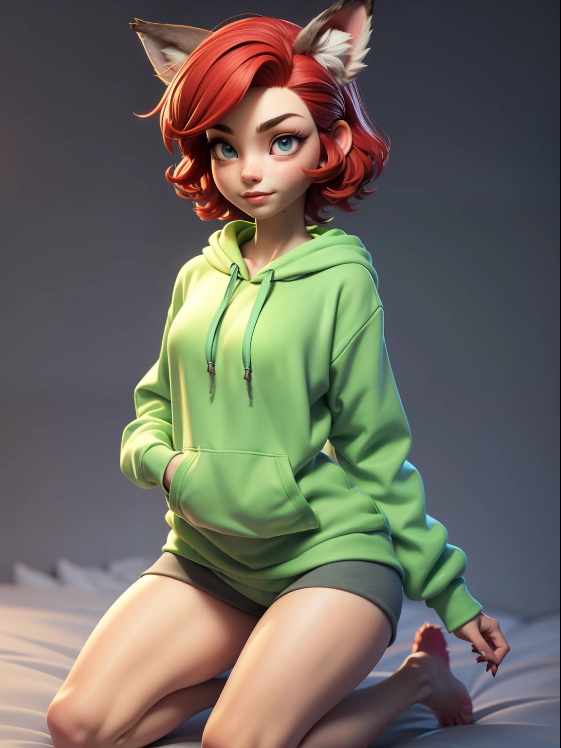 1girl, full body, teenager, solo, (short pixie cut Hair, undercut red hair: 1.28), ((light gray eyes)), some small freckles, (dark fox ears: 1.35), pale skin, large breasts, cleavage, (thin hips, thin waist , athletic body: 1.25), simple background, looking away, (wearing a big oversized green hoodie: 1.5), kneeling on a bed, in a bedroom, masterpiece, best quality,3d rending work ,3DMM style, close-up, portrait, 3D,