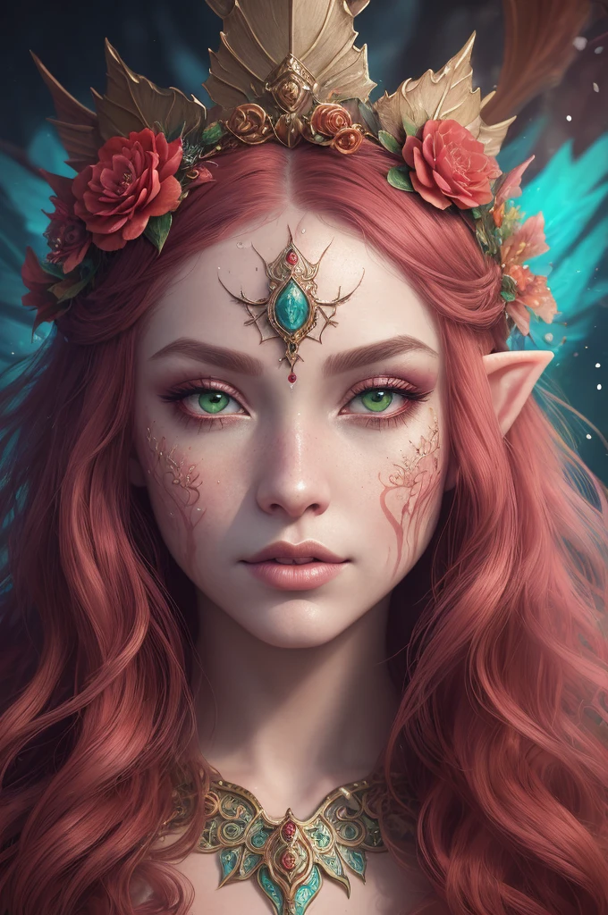 a close up of a woman with a red face and a flower crown, digital art inspired by Hedi Xandt, trending on cg society, fantasy art, closeup fantasy with water magic, ornate cosplay, portrait of mermaid queen, fantasy portrait, beautiful fantasy portrait, portrait of very beautiful elf, detailed matte fantasy portrait, hyperdetailed fantasy character, portrait of mermaid warrior
