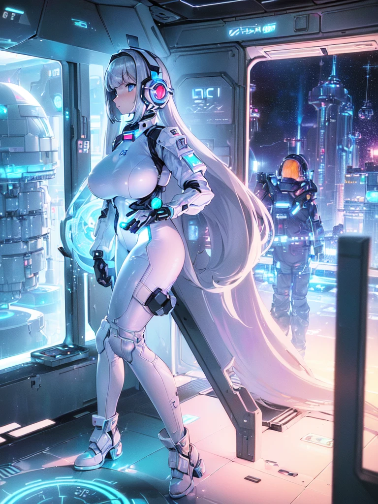 masterpiece:1.4, 1girl in ((20yr old, Wearing a futuristic white and silver costume, Tight Fit Bodysuit, long boots, Very gigantic-breasts, Multicolored blonde hair, a short bob, Perfect model body, Blue eyes:1.2, Wearing headphones, Looking out the window of the futuristic sci-fi space station、While admiring the beautiful galaxy:1.2, SFSF control room on night background:1.1, Neon and energetic atmosphere:1.2)) ((Galaxy))