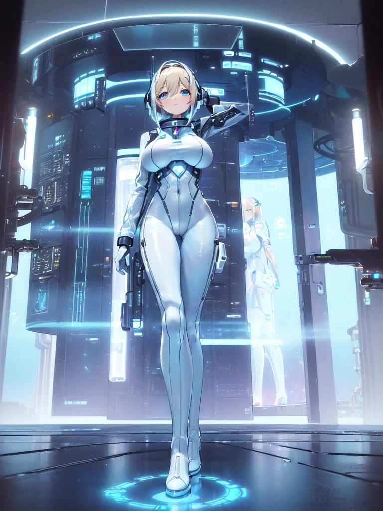 masterpiece:1.4, 1girl in ((20yr old, Wearing a futuristic white and silver costume, Tight Fit Bodysuit, long boots, Very gigantic-breasts, Multicolored blonde hair, a short bob, Perfect model body, Blue eyes:1.2, Wearing headphones, Looking out the window of the futuristic sci-fi space station、While admiring the beautiful galaxy:1.2, SFSF control room on night background:1.1, Neon and energetic atmosphere:1.2)) ((Galaxy))