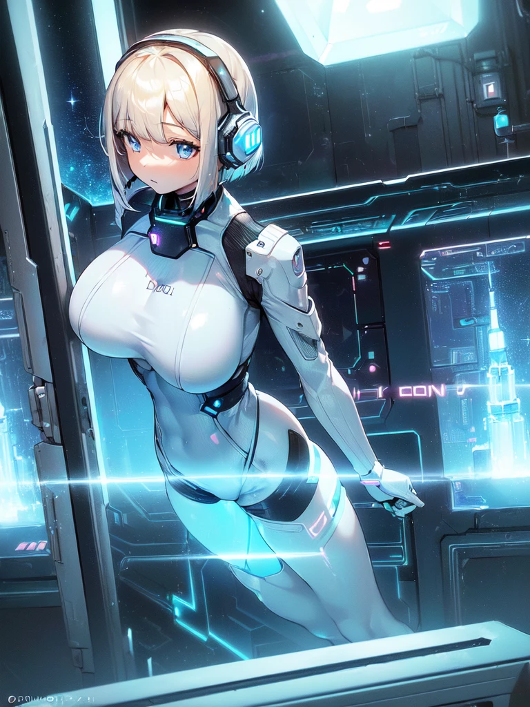 masterpiece:1.4, 1girl in ((20yr old, Wearing a futuristic white and silver costume, Tight Fit Bodysuit, long boots, Very gigantic-breasts, Multicolored blonde hair, a short bob, Perfect model body, Blue eyes:1.2, Wearing headphones, Looking out the window of the futuristic sci-fi space station、While admiring the beautiful galaxy:1.2, SFSF control room on night background:1.1, Neon and energetic atmosphere:1.2)) ((Galaxy))
